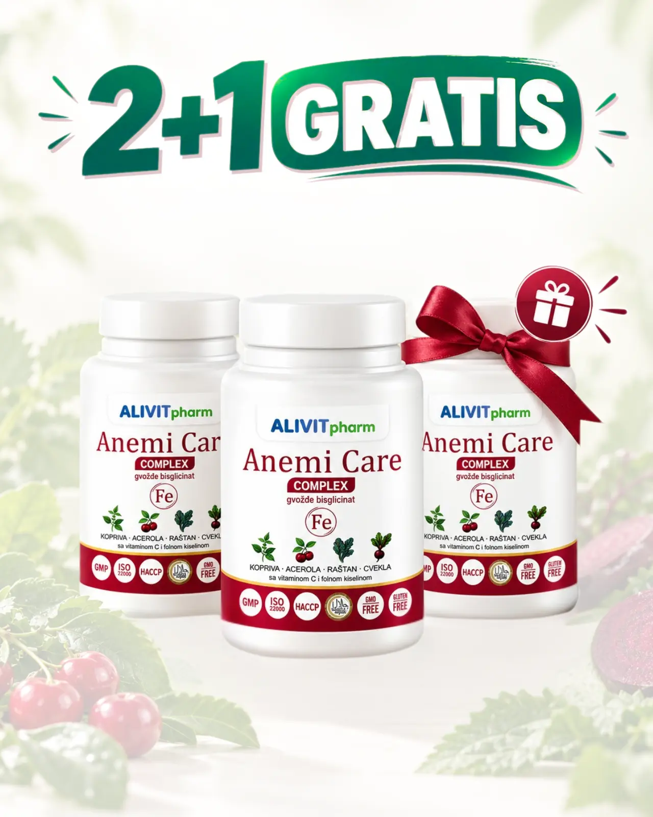KUPOVINOM DVA PROIZVODA ANEMI CARE CAPSULE A56 ALIVITPHARM NA POKLON DOBIJATE JEDAN GRATIS PROIZVOD.