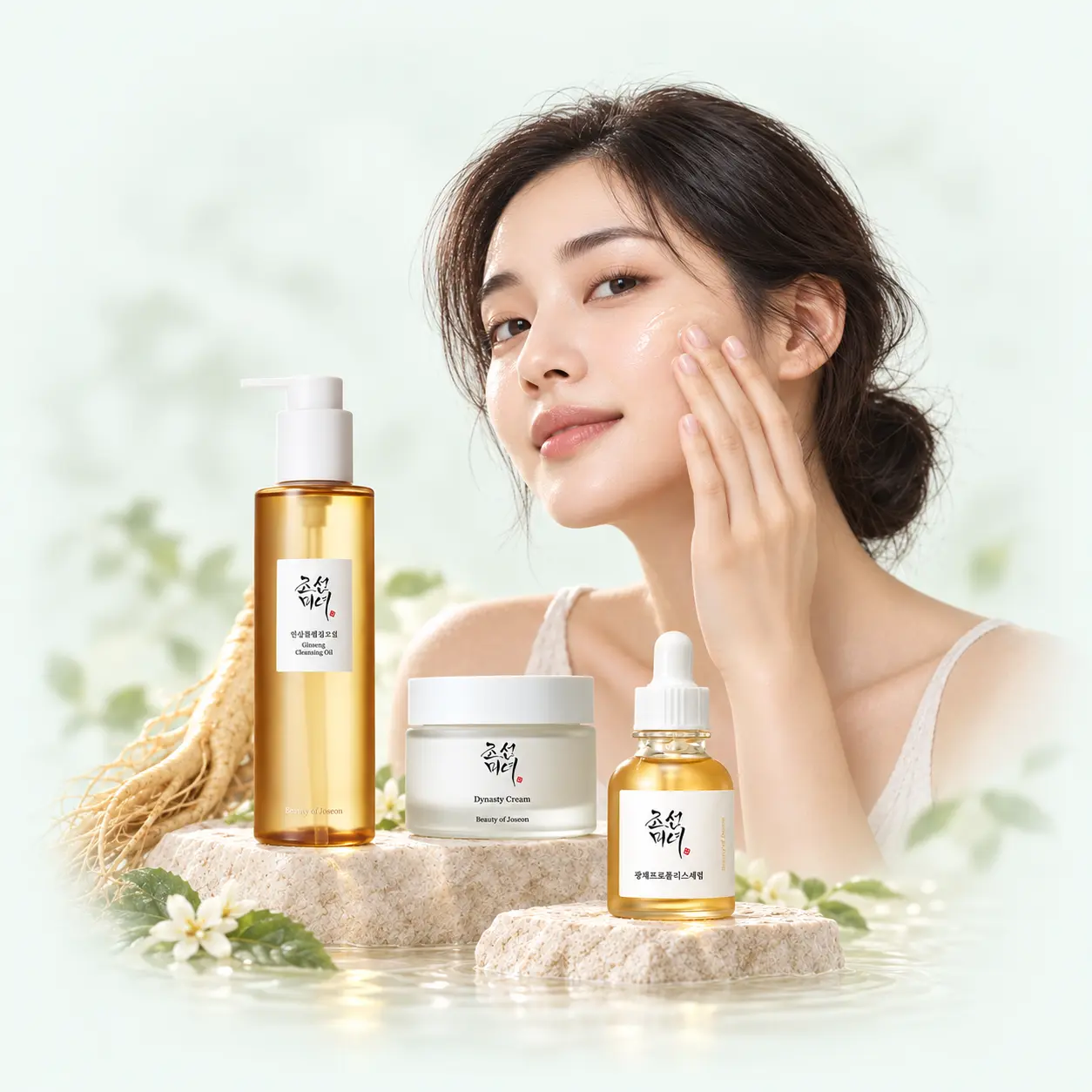 Žena nanosi korejsku njegu lica uz Beauty of Joseon ulje za čišćenje, serum i kremu.