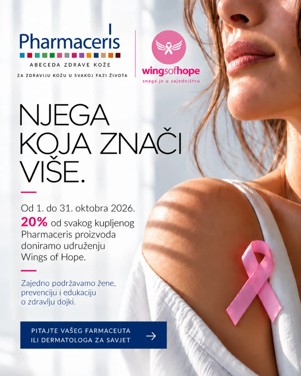 okom cijelog oktobra 20% vrijednosti prodaje Pharmaceris proizvoda ostvarenih u Vašim apotekama biti izdvojeno za donaciju udruženju Wings of Hope.