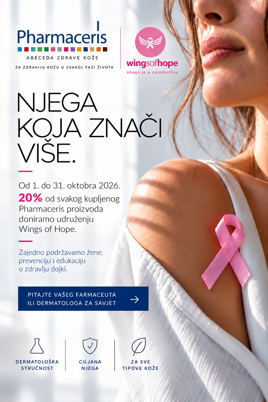okom cijelog oktobra 20% vrijednosti prodaje Pharmaceris proizvoda ostvarenih u Vašim apotekama biti izdvojeno za donaciju udruženju Wings of Hope.